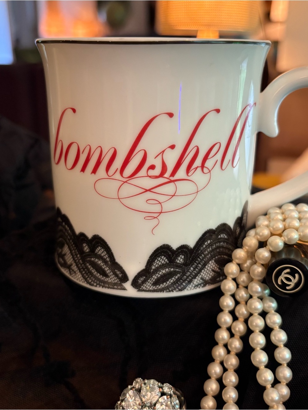 Bombshell Coffee Tea Mug Feminine Black Lace Rockabilly Bridesmaid Goth